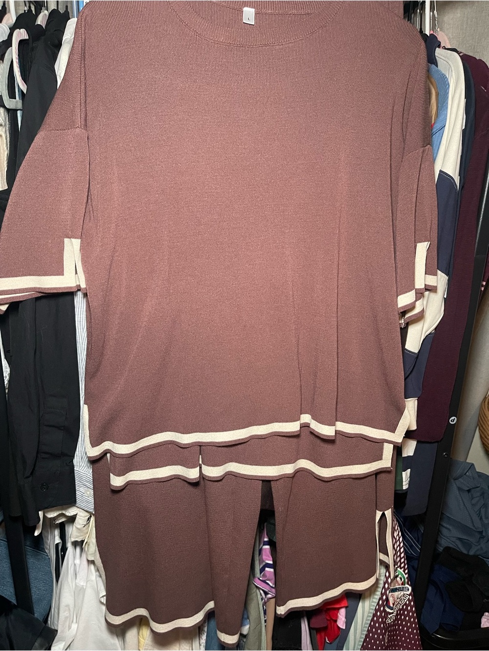 Brown Contrast Trim Knit Matching Set Top & Pants Size L